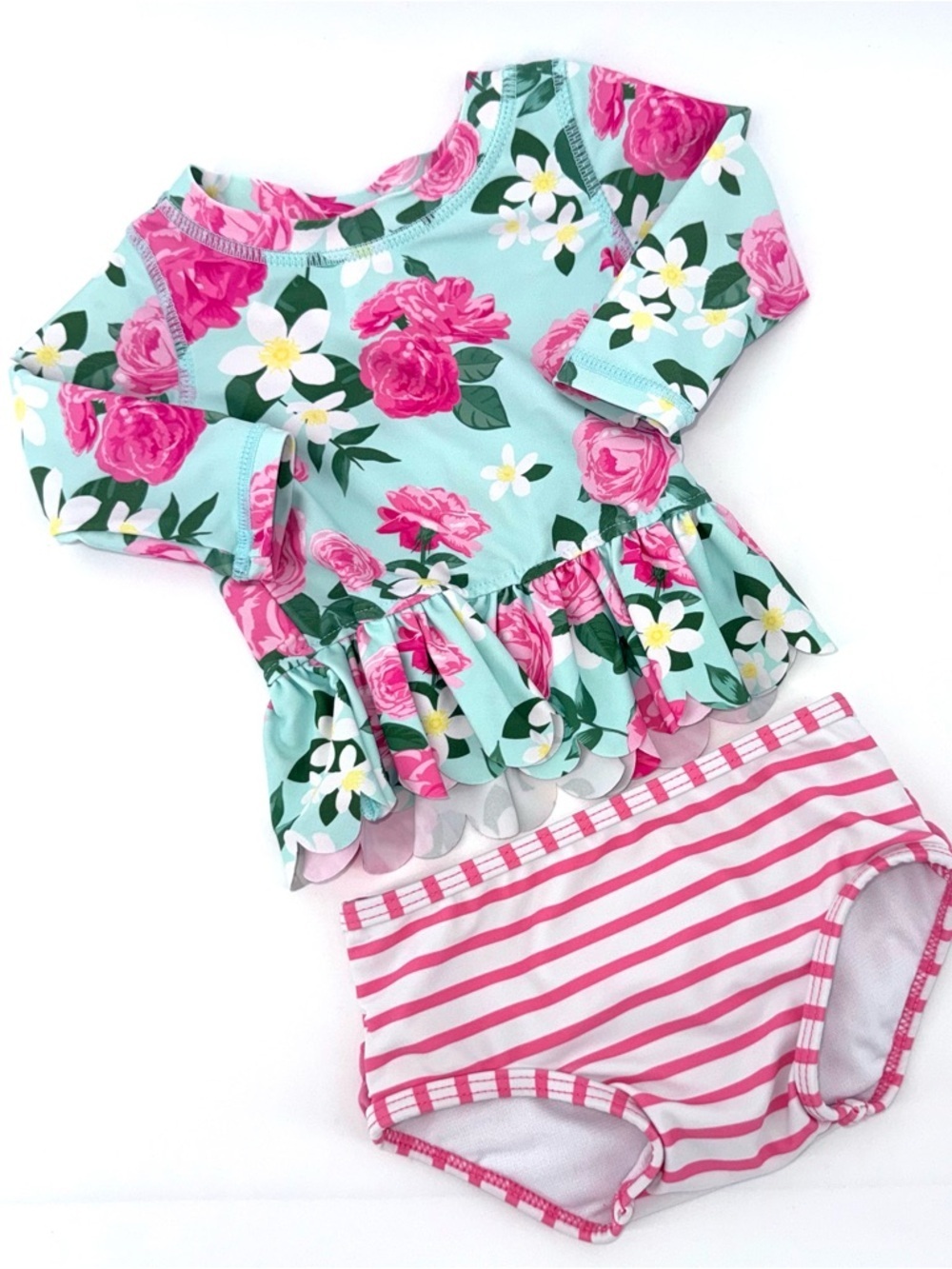 Ruffle Butts Mint Floral Ruffle Baby Girl 2 pc  Swim Set with Pink Roses